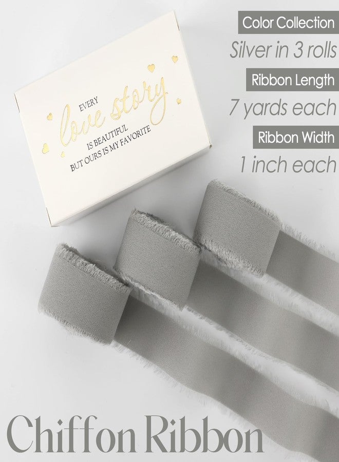 MEEDEE Silver Chiffon Ribbon 1 Inch Frayed Ribbons Gray Chiffon Silk Grey Fringe Ribbon Thin Chiffon Ribbons for Crafts, Gift Wrapping, Wedding Invitation (3 Rolls 21 Yards) - Image 2